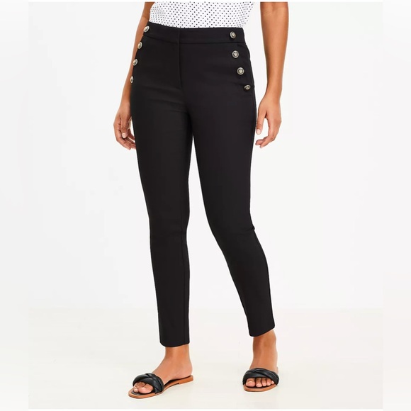NWT LOFT Black Pants Sutton Skinny Sailor with Button details Size 10 stretch - Picture 1 of 9